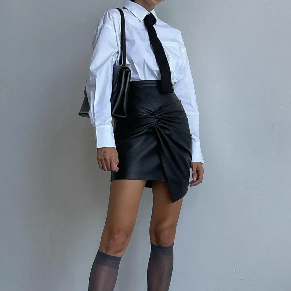 Women Fashion Sexy Solid Color Pu Leather Pleated Skirt