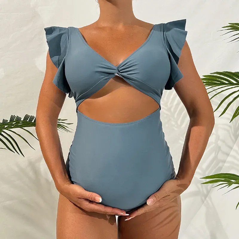 Pregnant Women Fashion Solid Color Loose Short Sleeve One-Piece Swimsuit