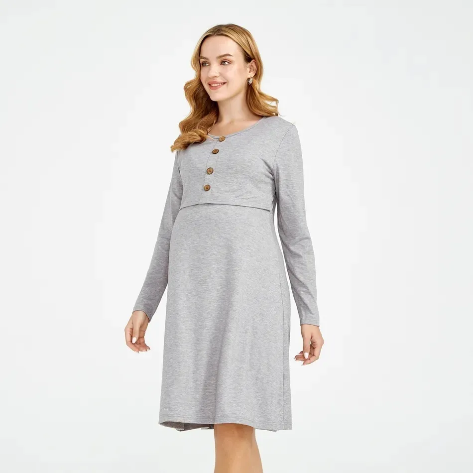 Pregnant Women Casual Solid Color Round Neck Long Sleeve Breastfeeding Dress