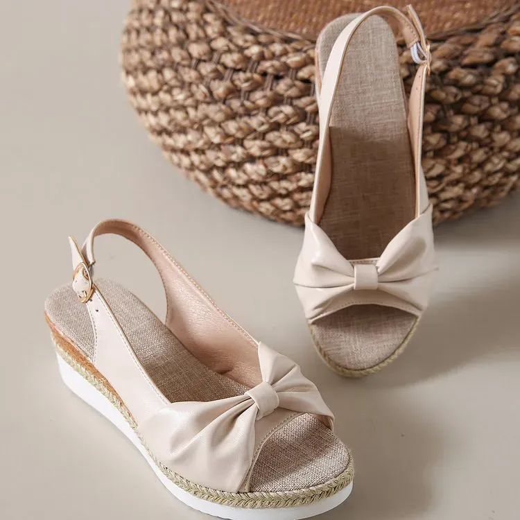 Women Casual Solid Color Hemp Woven Peep-Toe Wedge Sandals
