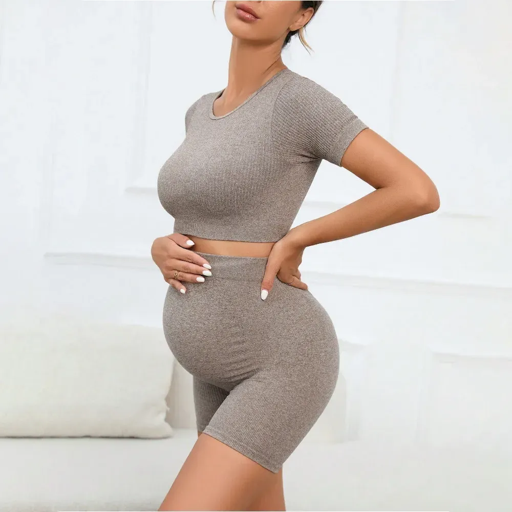 Pregnant Women Knitted Quick-Drying Breathable Short-Sleeved Top Tight Shorts Sports Yoga Two-Piece Set