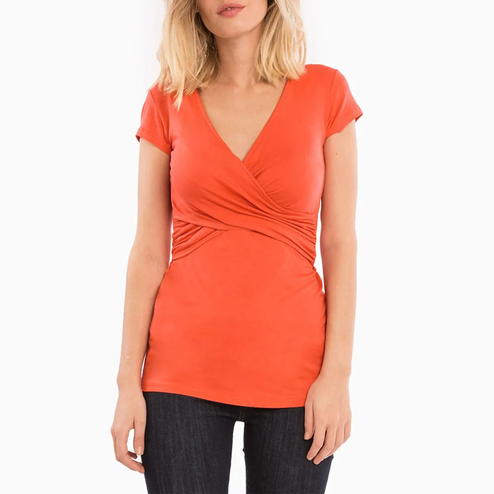 Pregnant Women Solid Color Cross V-Neck Short-Sleeved Breast-Feeding Top