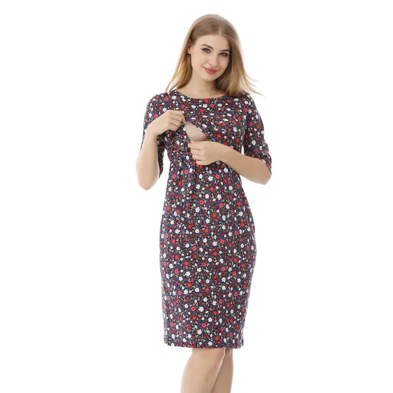Summer Pregnant Women Casual Small Tiny Flower Printed Round Neck Short Sleeve Breastfeeding Dress