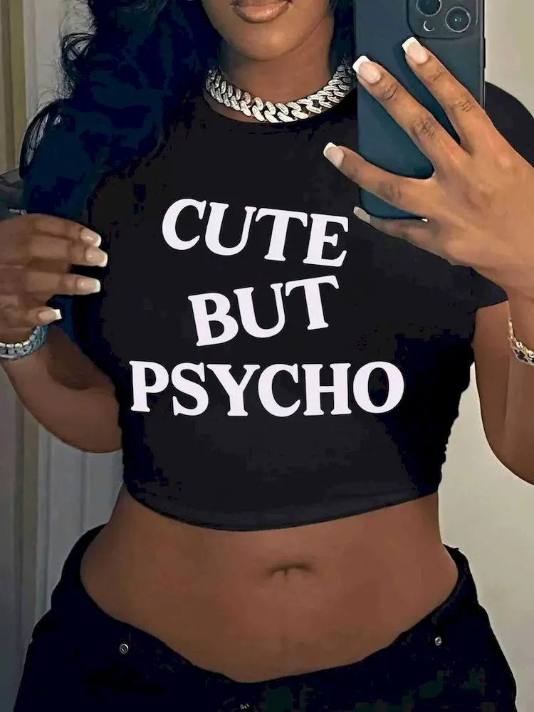 Women Fashion Letter Print Short-Sleeved Crop Top T-Shirt