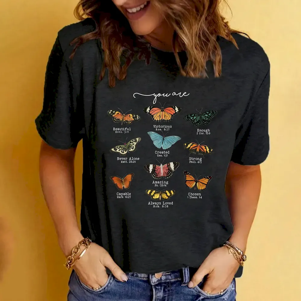 Women Casual Loose Butterfly Pattern Printed Round Neck Short-Sleeve T-Shirt