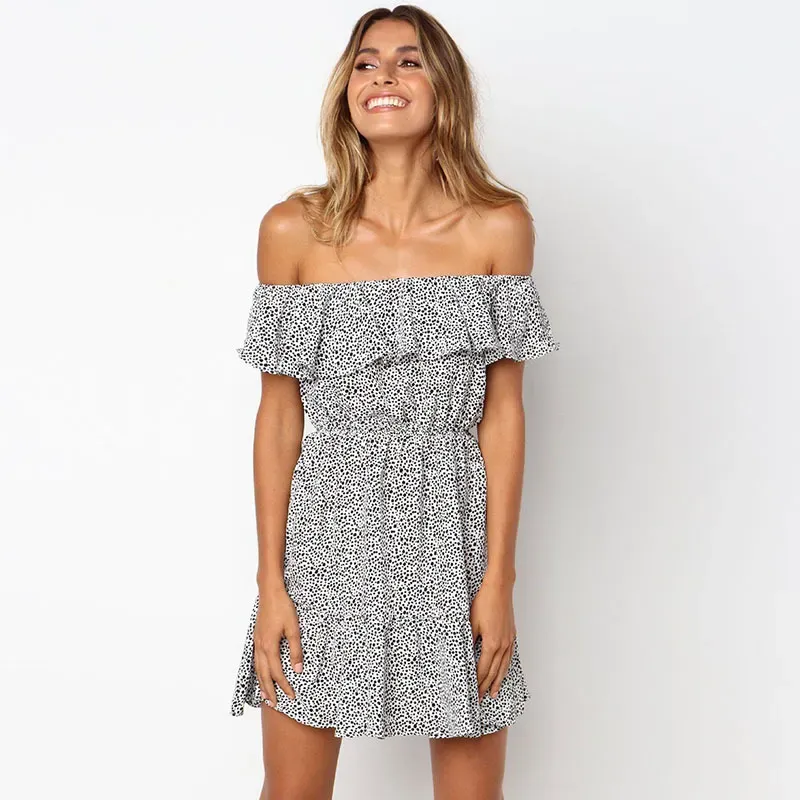 Sexy Women Summer Vacation Off-Shoulder Ruffled Short Sleeve Dress