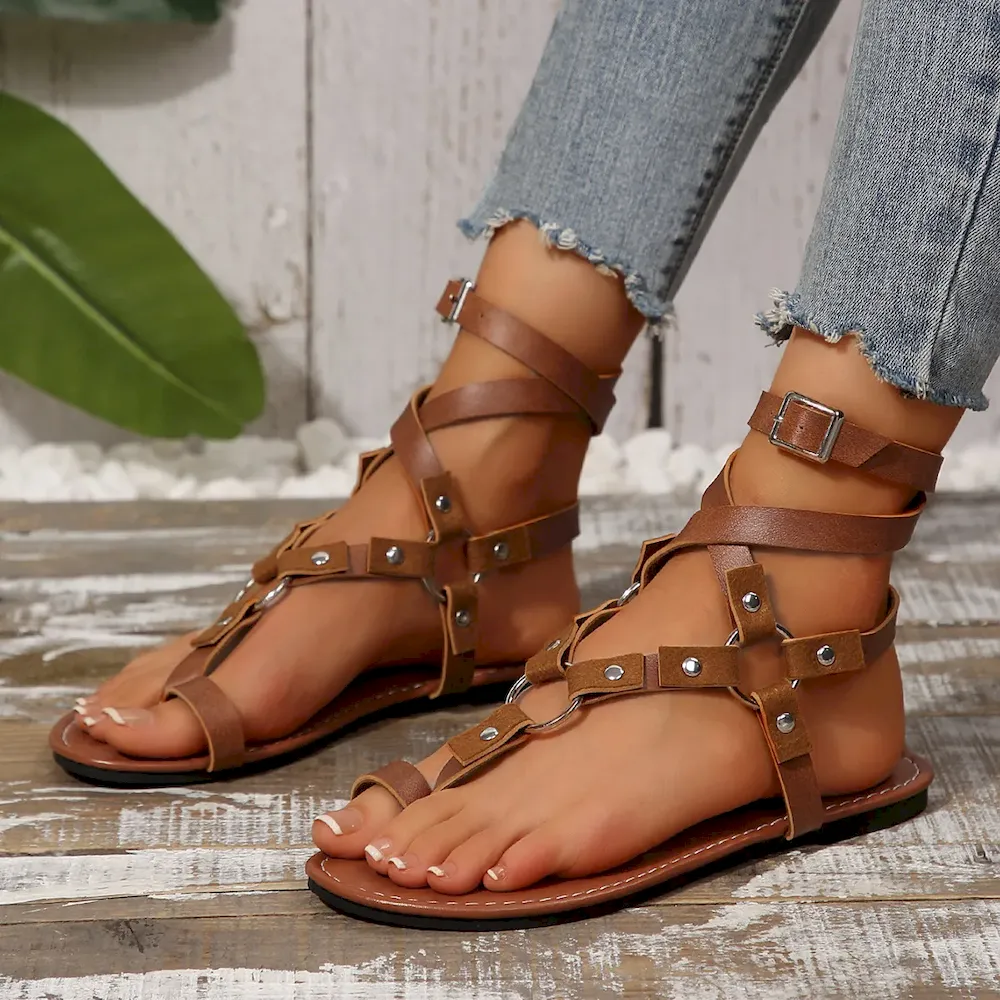 Women Casual Cross Metal Ring Buckle Strap Flat Sandals