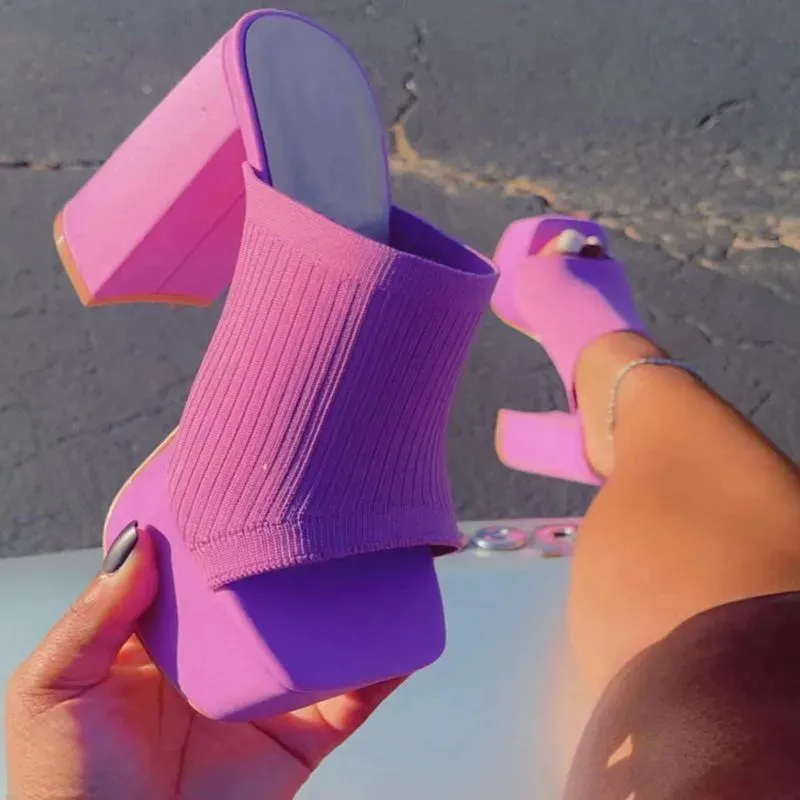 Women Fashion Solid Color Knitted Platform Thick High Heel Shoes