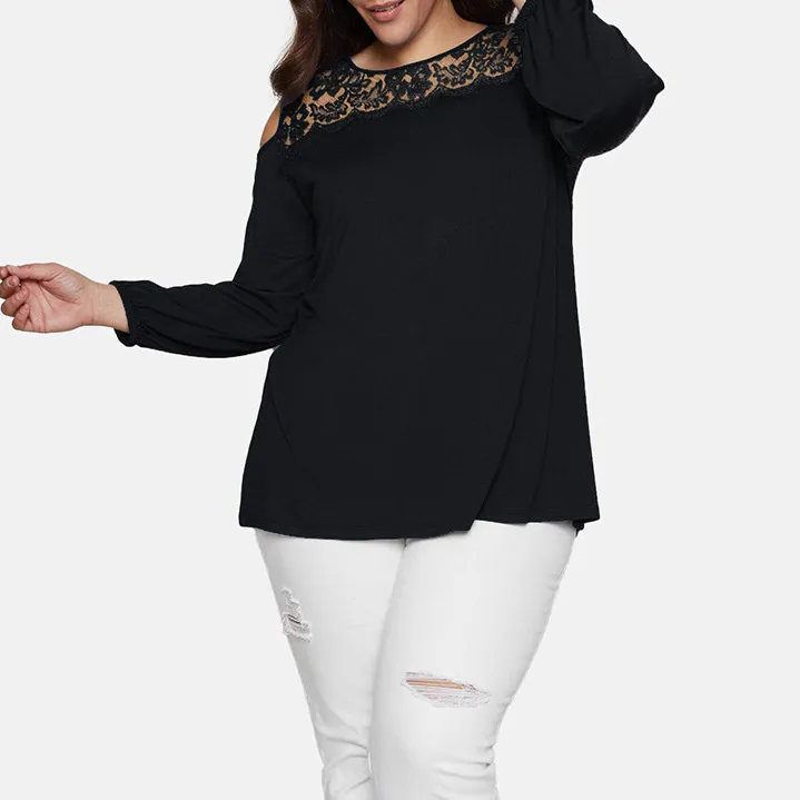 Women Fashion Casual Plus Size Lace Splicing Hollow-Out Round Neck Long-Sleeve Loose T-Shirt