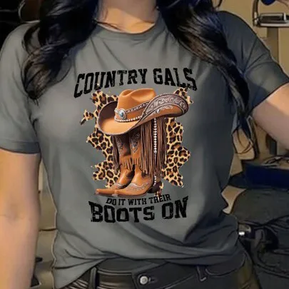 Women Fashion Casual Western Printed Short-Sleeve T-Shirt