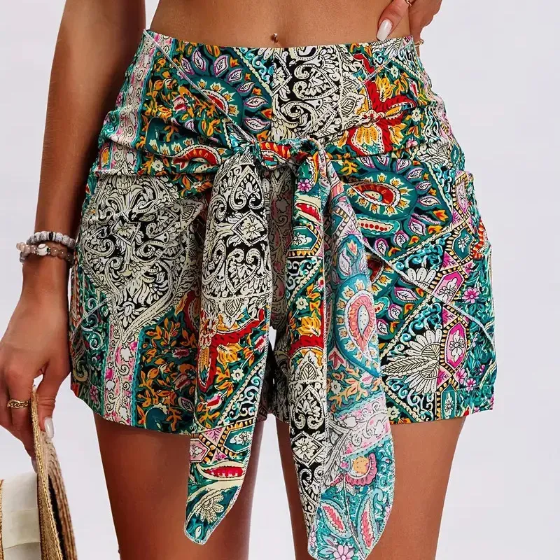 Women Fashion Casual Boho Printed High Waist Lace-Up Shorts