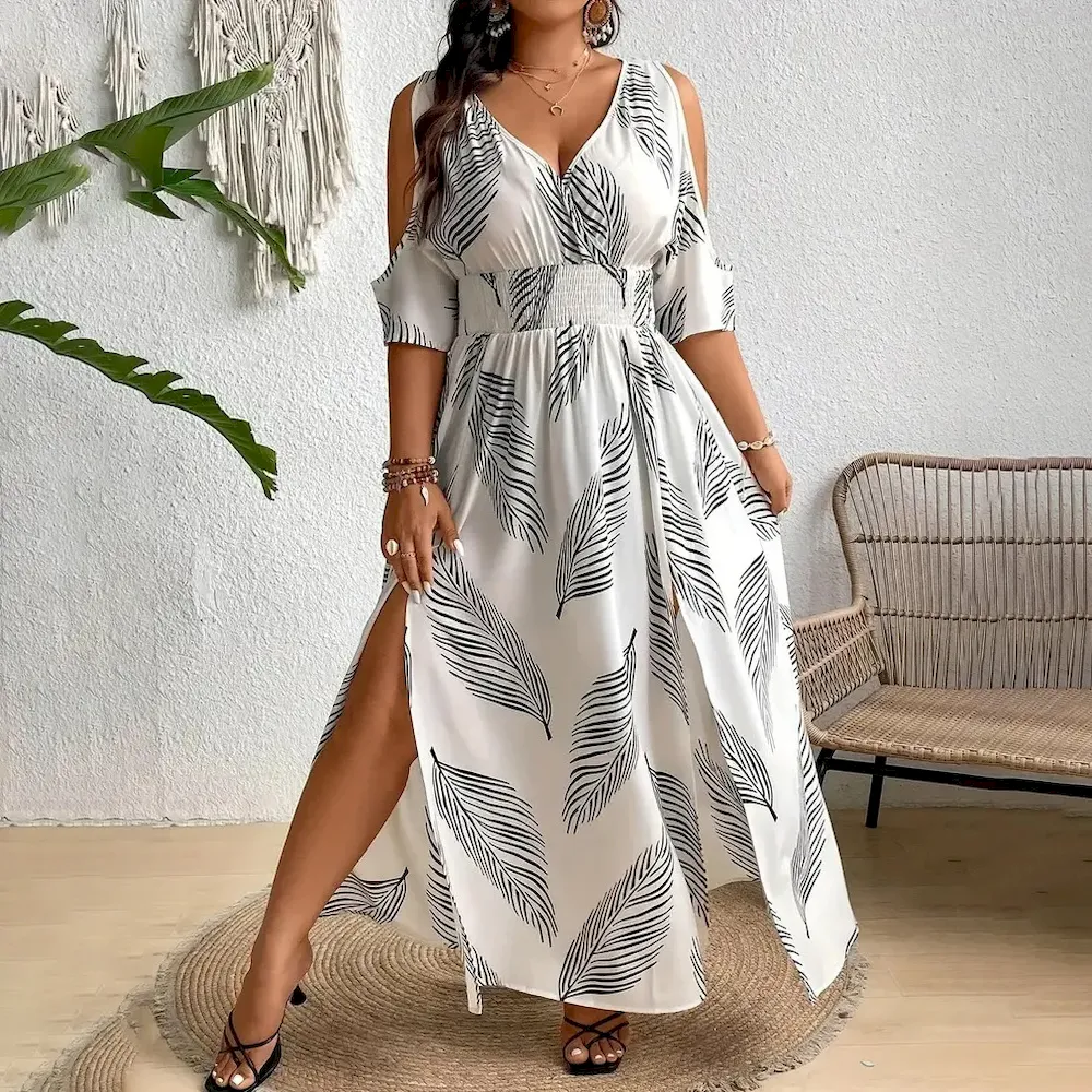 Women Fashion Sexy Plus Size Printed V-Neck Hollow-Out Short-Sleeve Loose Dress