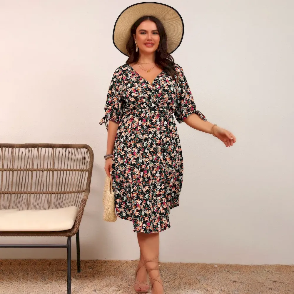 Women Fashion Elegant Plus Size Floral Printed V-Neck Drawstring Short-Sleeve Dress