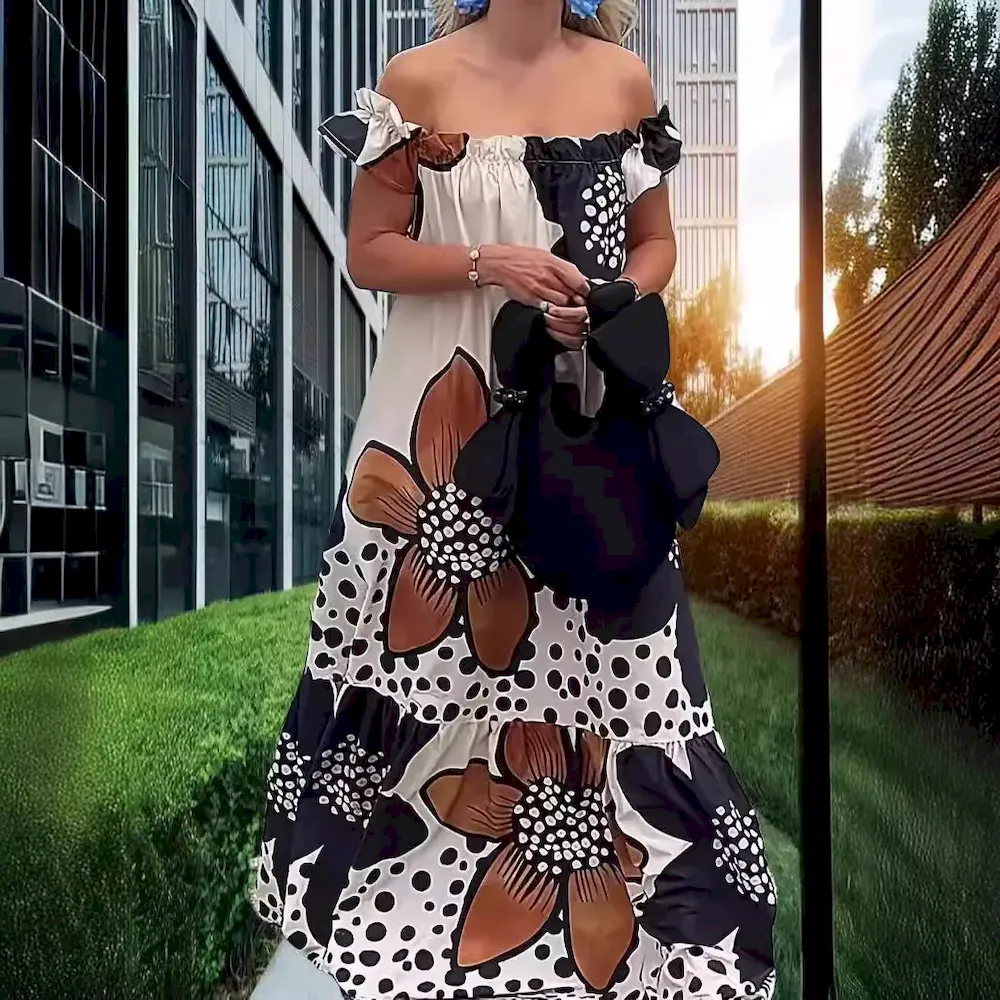 Women Casual Vacation Floral Printed Off Shoulder Pocket Loose Dress