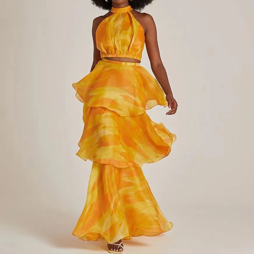 Women Fashion Elegant Printed Round Neck Sleeveless Ruffled Dress