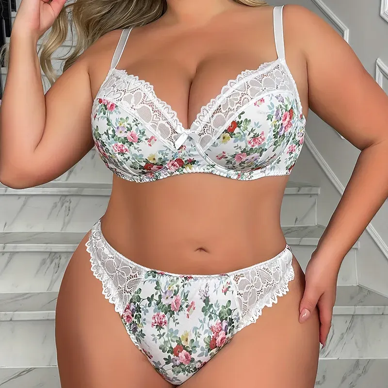 Plus Size Women Sexy Lace Stitching Underwear Two-Piece Set