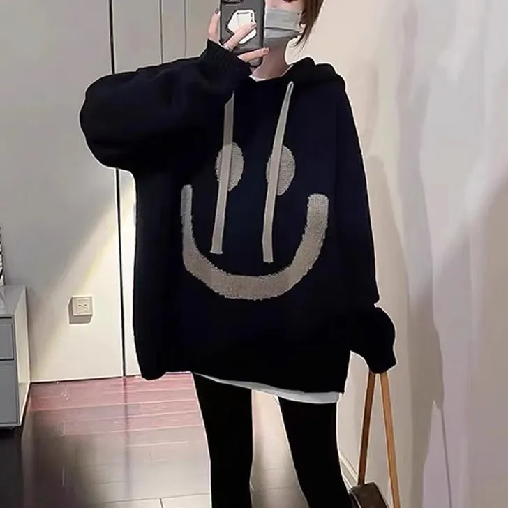 Women Fashion Casual Smile Face Long-Sleeve Loose Knitwear Hoodies