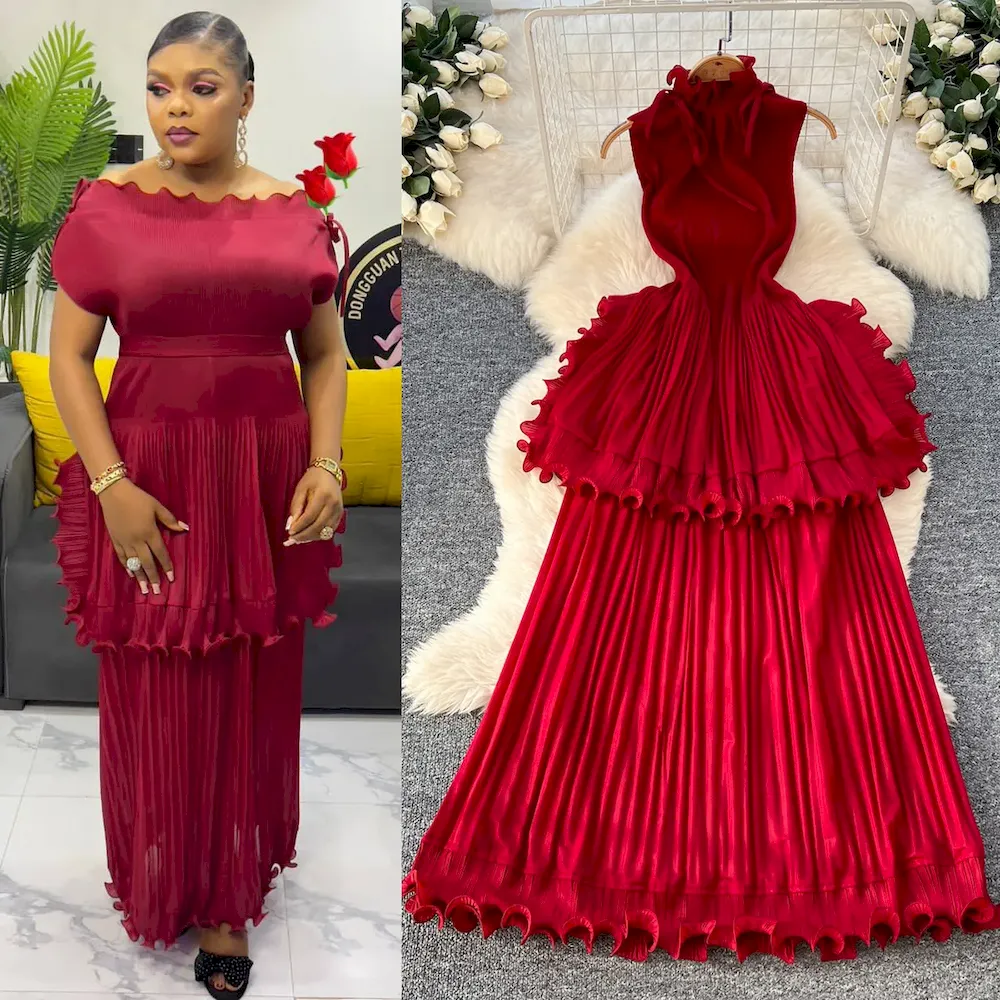 African Women Summer Pleated Ruffled Elegant Chic Solid Color Maxi Dress