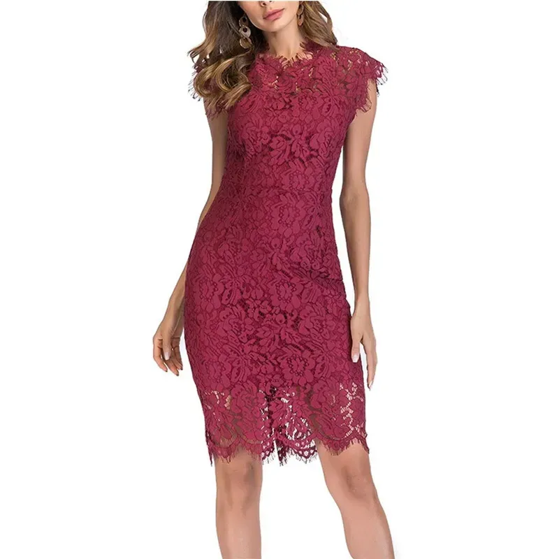 Women Fashion Sexy Solid Color Lace Short-Sleeve Slim Fit Dress