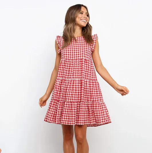 Women Fashion Causal Plaid Printed Sleeveless Loose Dress