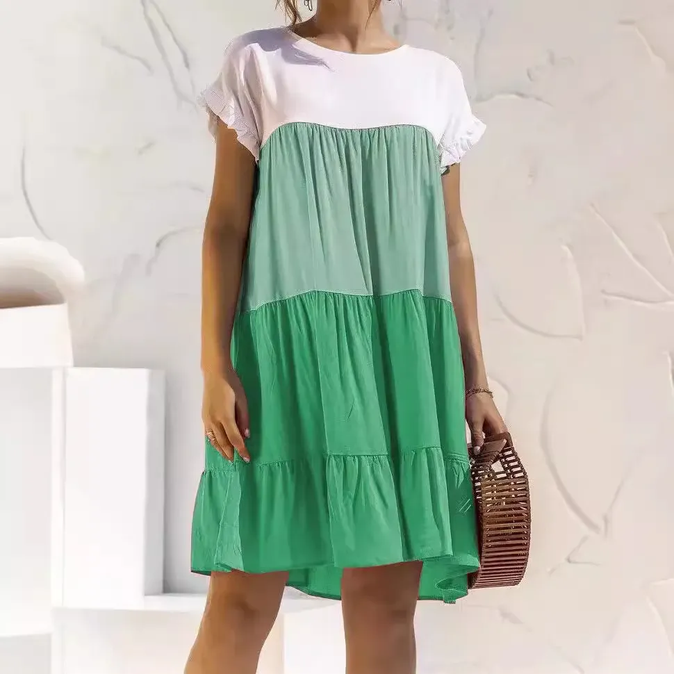 Women Fashion Casual Color Block Round Neck Short Sleeve Loose Dress