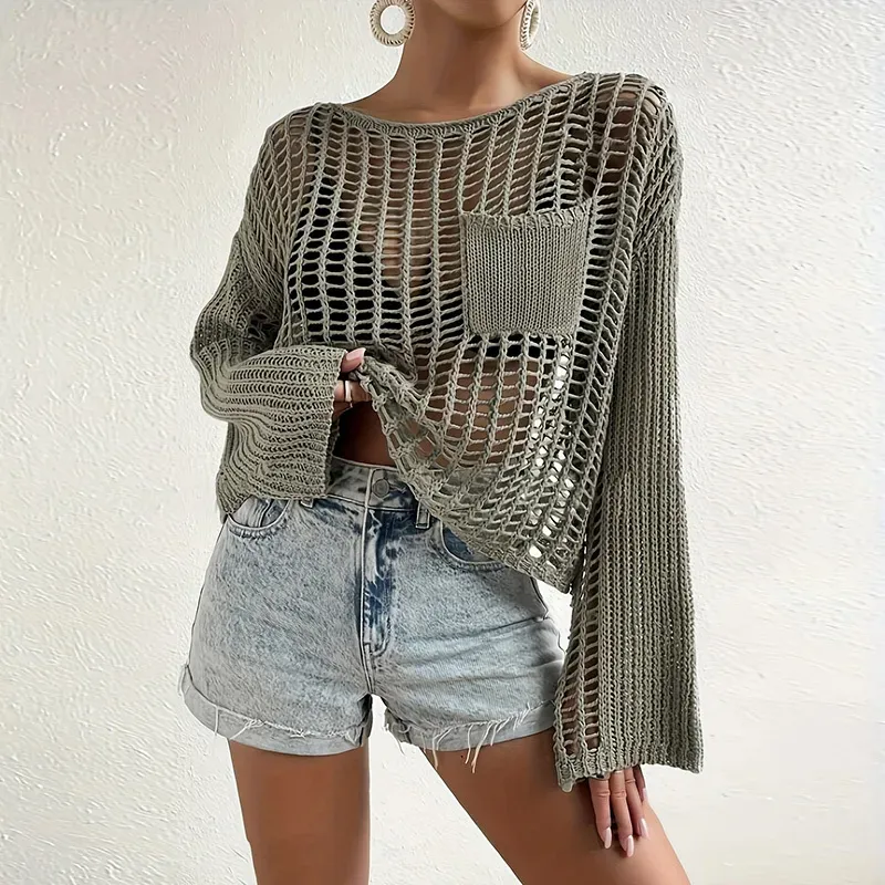 Women Summer Vacation Pocket Design Unique Cool Hollow Blouse Knitted Pullover Top Coverup