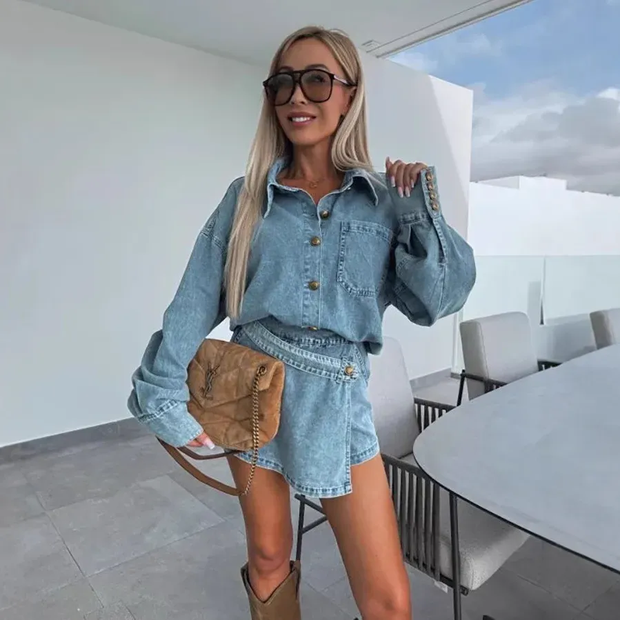 Women Fashion Casual Lapel Long-Sleeve Denim Coat Irregular Skirts Two-Piece Set