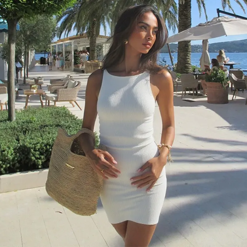 Women Summer Fashion Casual Solid Color Round Neck Sleeveless Short Dress