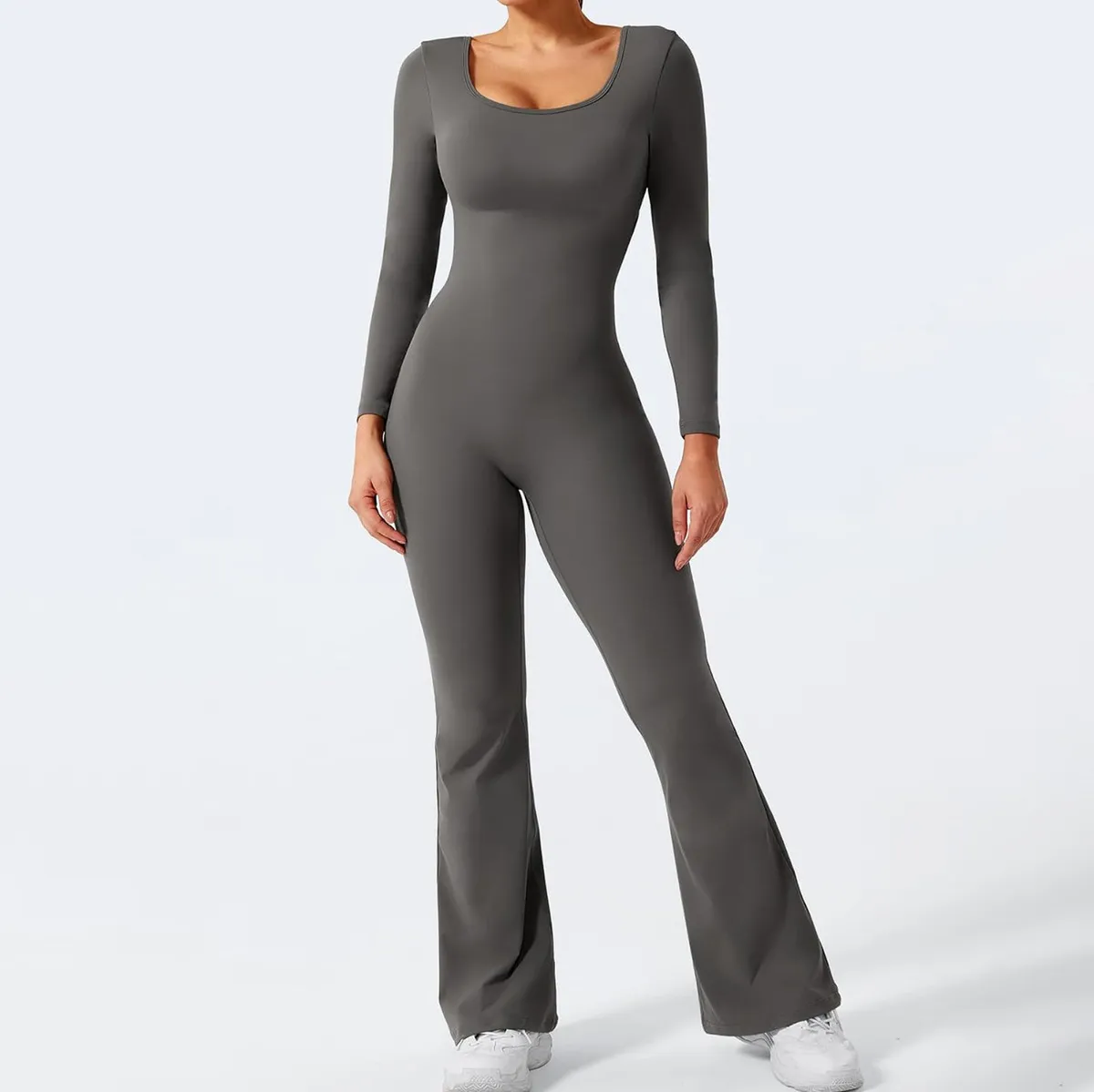 Women Fashion Casual Solid Color Square Neck Long-Sleeve Backless Yoga Sports Jumpsuits