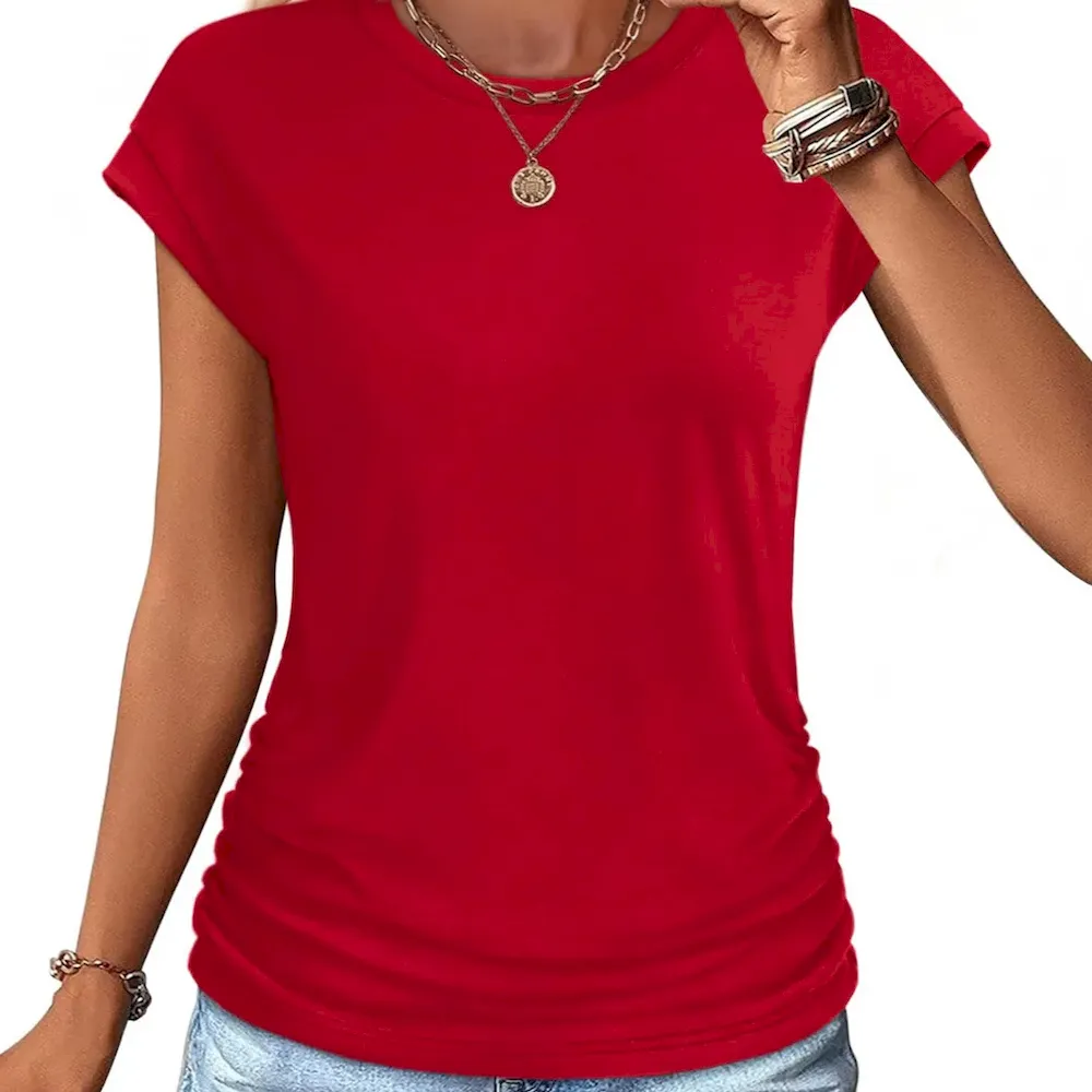 Women Fashion Casual Solid Color Round Neck Short Sleeve T-Shirt