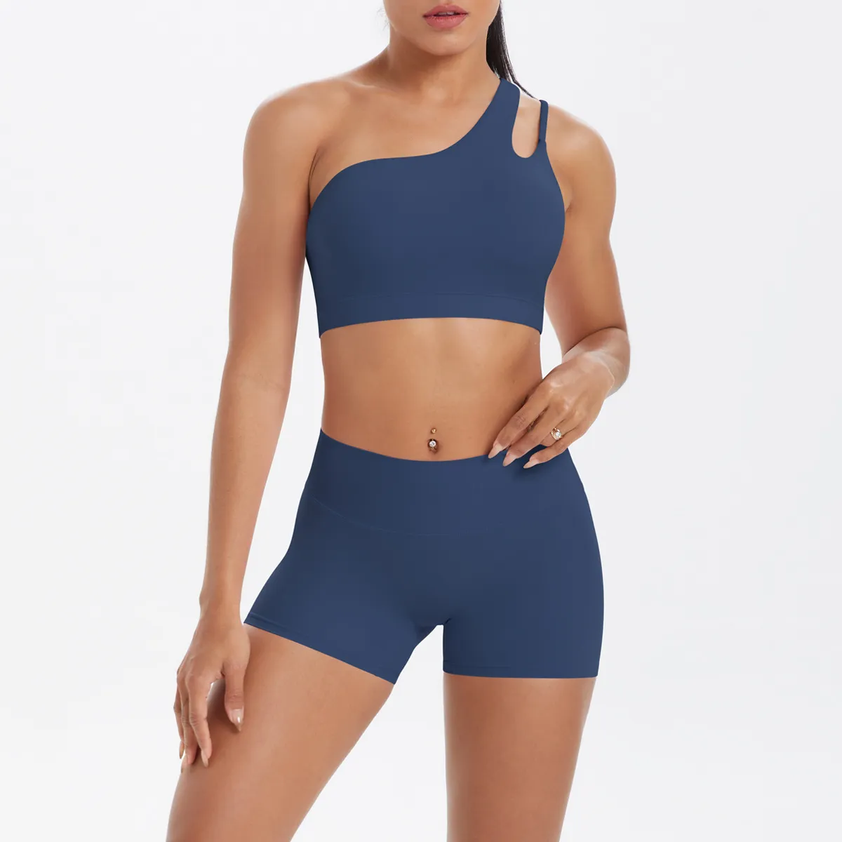 Women Fashion Casual Solid Color Slanted Shoulder Tank Top Tight Shorts Yoga Sports Two-Piece Set
