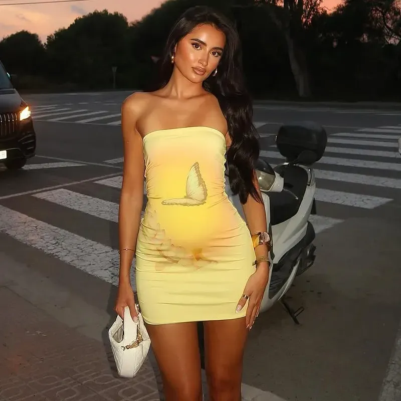 Women Fashion Sexy Butterfly Printed Tube Top Tight Dress