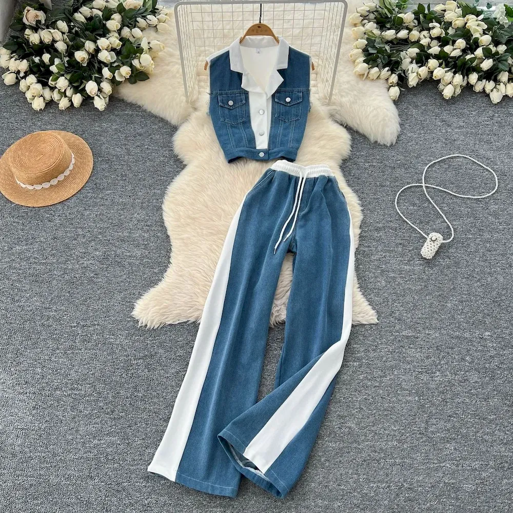 Casual Women Summer Fashionable Color Blocking Sleeveless Denim Tank Top High Waist Wide Leg Straight Pants Set