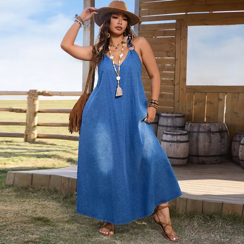 Women Fashion Plus Size Deep V-Neck Sleeveless Loose Denim Dress