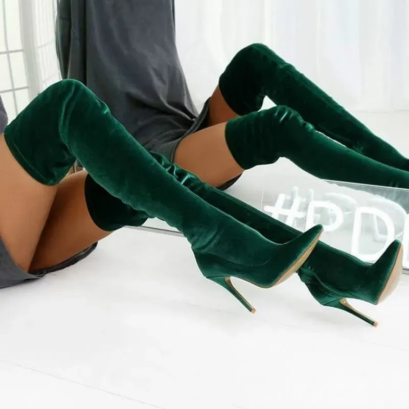 Size:4.5-11 Women Fashionable Solid Color Pointed-Toe Zipper Design Over The Knee Boots