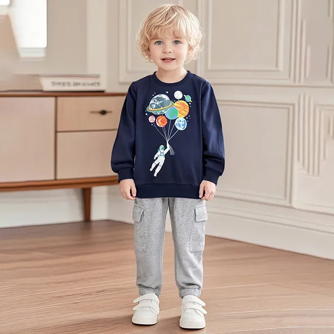 Wholesale Kids Boy'S Fashion Autumn Space Pattern Printed Round-Neck Long-Sleeve Sweatshirt Loose Pants Two-Piece Set