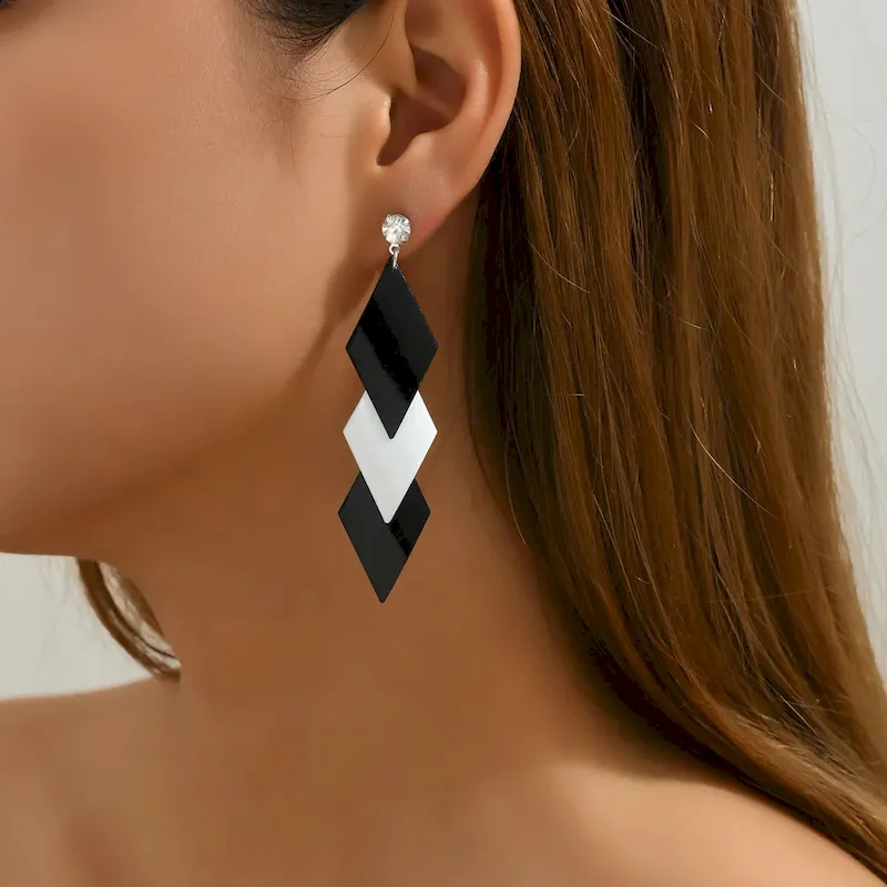 Wholesale Women Fashion Exaggerated Two-Color Rhombus Earrings