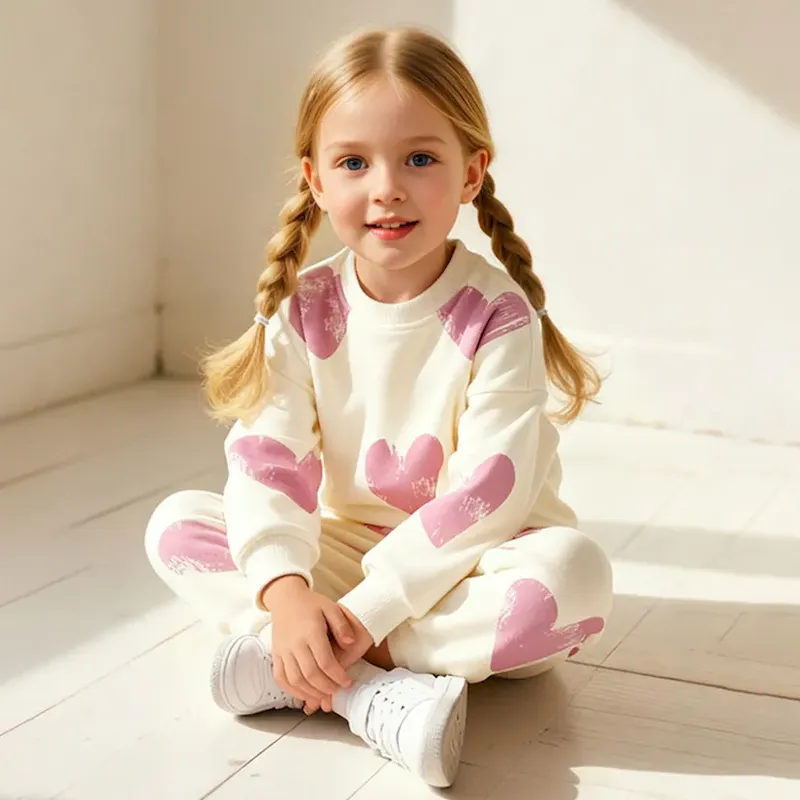 Wholesale Kids Girls' Fashion Autumn And Winter Love Printed Round Neck Long Sleeve Sweatshirt Jogger Pants Two-Piece Set