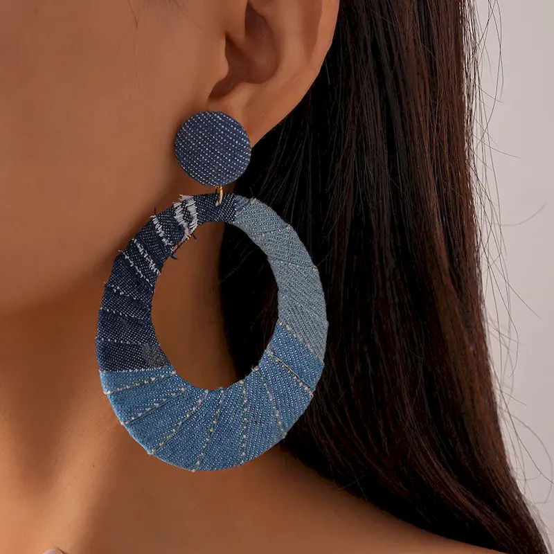 Wholesale Women Fashion Exaggerated Denim Hollow Oval Earrings