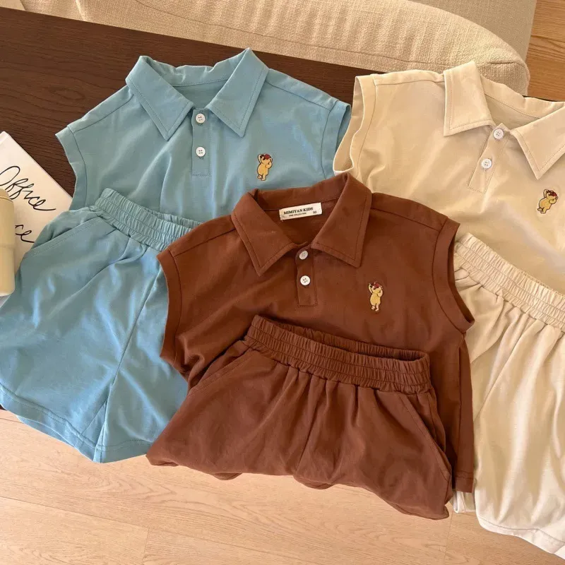 Wholesale Kids Casual Cartoon Embroidery Lapel Sleeveless Loose Top And Elastic Waist Shorts Set