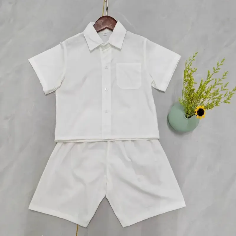 Wholesale Boys Fashion Casual Solid Color Cotton Short Sleeve Blouse Loose Shorts Two-Piece Set