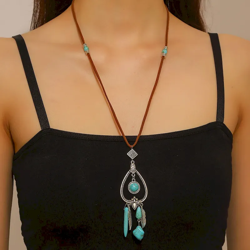 Wholesale Women Fashion Boho Autumn And Winterturquoise Pendant Long Necklace