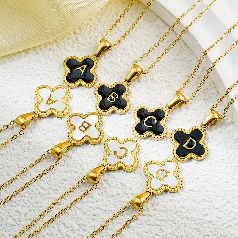 Wholesale Fashion Clover 26 Letter Black White Fritillaria Necklace