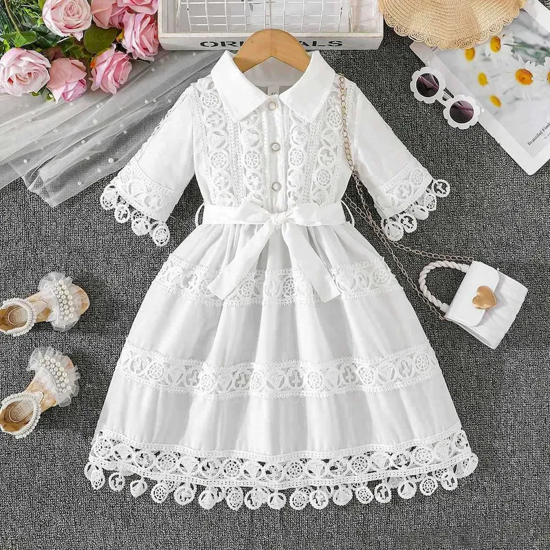 Wholesale Kids Girls Fashion Elegant Solid Color Lace Embroidered Lapel Short-Sleeve Lace-Up Dress