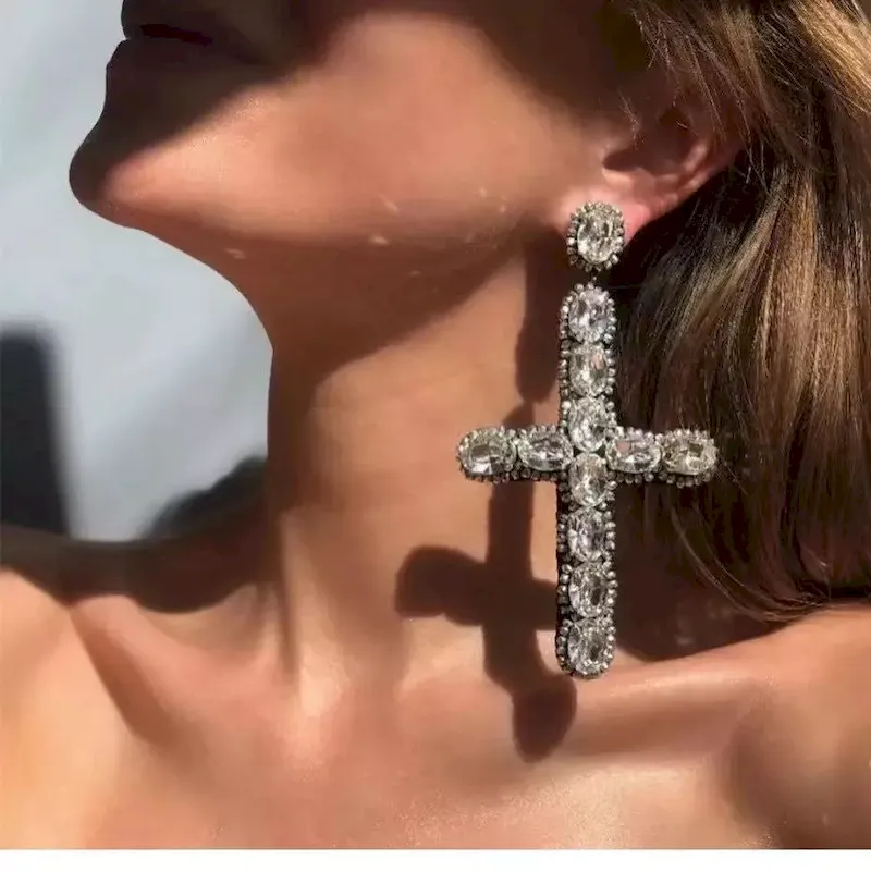 Wholesale Fashion Exaggerated Alloy Multicolor Rhinestone Cross-Shaped Long Earrings