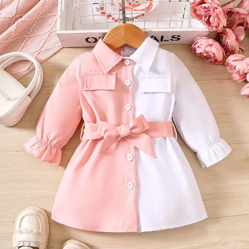 Wholesale Kids Baby Girls Casual Color Matching Long Sleeve Lapel Dress