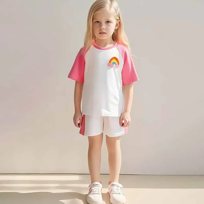 Wholesale Kids Toddler Girls Casual Rainbow Short Sleeve T-Shirt Shorts Sets