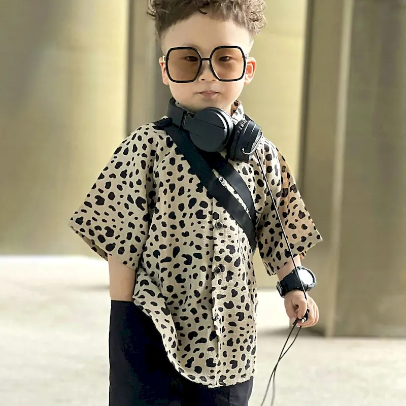 Wholesale Boy Fashion Casual Leopard Lapel Short-Sleeve Blouse