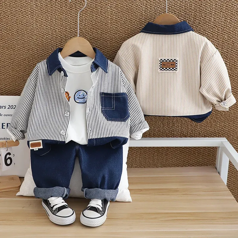 Wholesale Kids Toddler Boys Fashion Casual Smiley Print Long Sleeve T-Shirt Stripe Long Sleeve Shirt Jeans Three-Piece Set