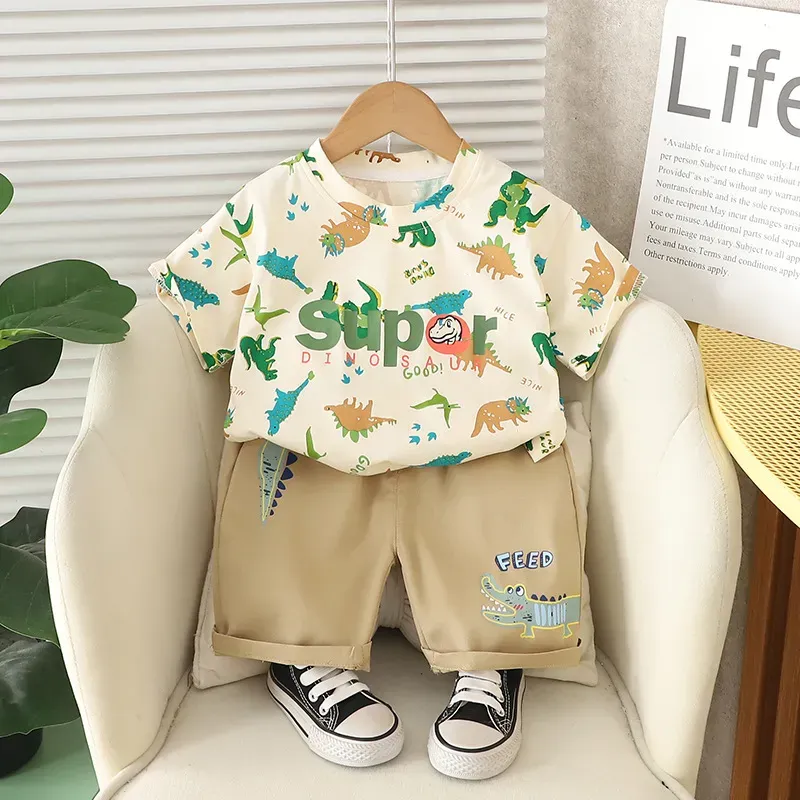 Wholesale Boy'S Fashion Casual Dinosaur Printed Short-Sleeved T-Shirt Shorts Two-Piece Set